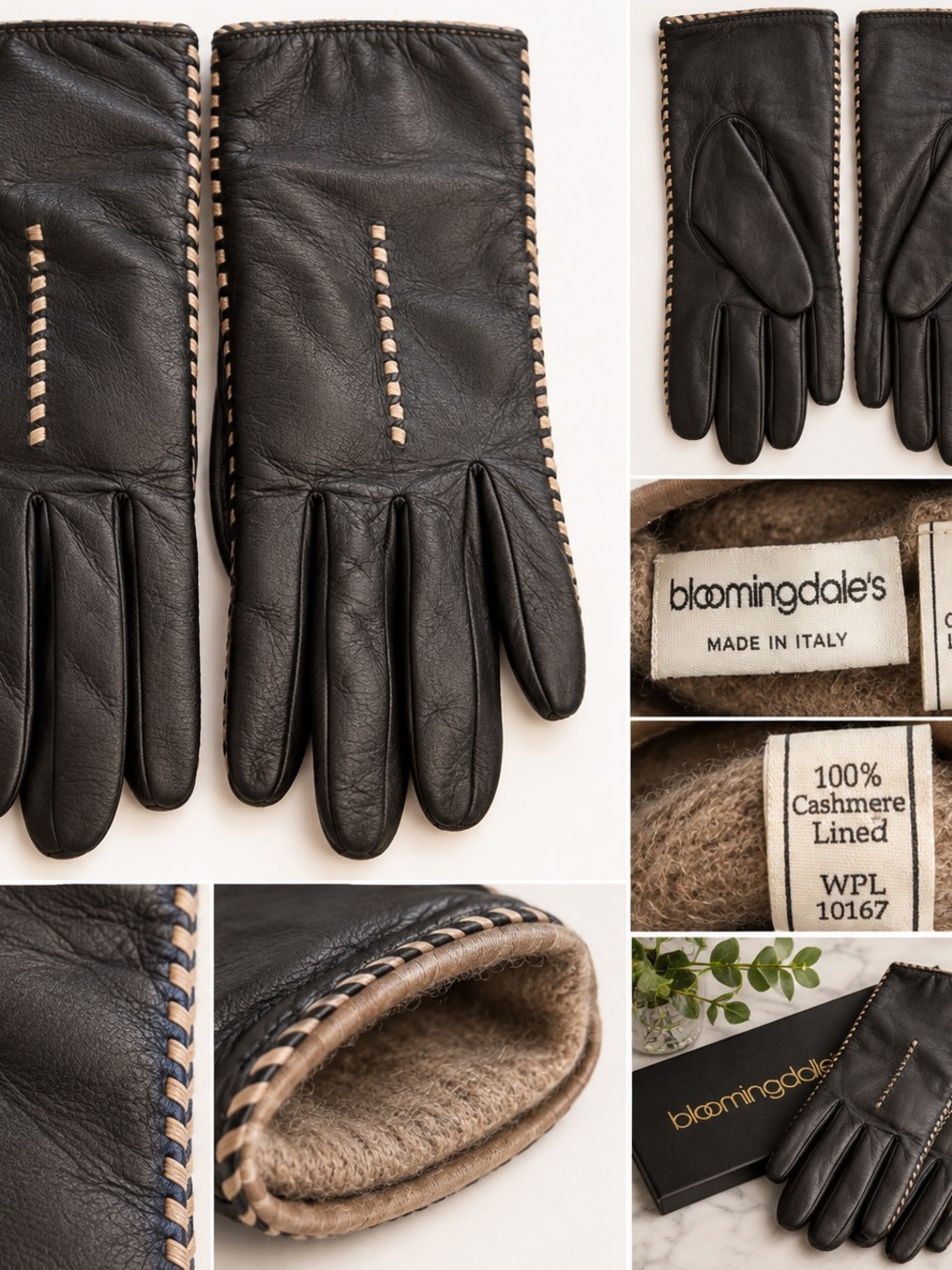 Bloomingdale’s Italian Leather Cashmere Lined Gloves Black Size 7